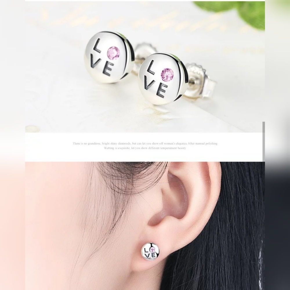 925 "LOVE" pink CZ Stud Earrings - Picture 2 of 4